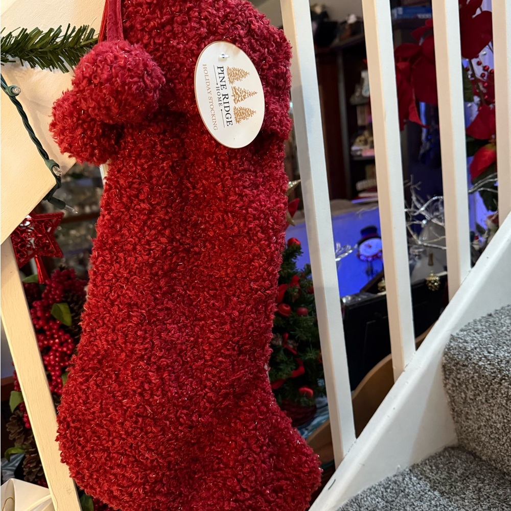 Red Christmas Stocking with Pom Poms